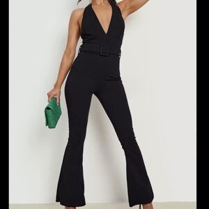 BooHoo- Halter Belted Flare Leg Jumpsuit